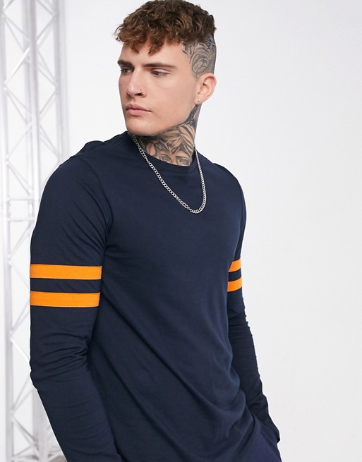 ASOS DESIGN organic long sleeve t-shirt with sleeve stripe in navy