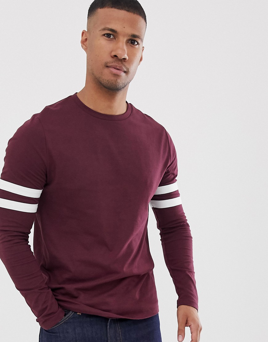 ASOS DESIGN organic long sleeve t-shirt with stretch with contrast sleeve stripe in burgundy-Red