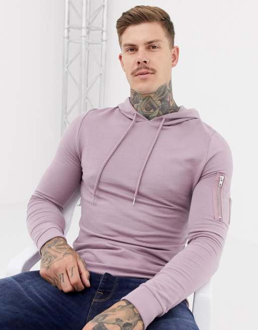 ASOS DESIGN organic longer length muscle fit hoodie with MA1 pocket and curved hem in purple