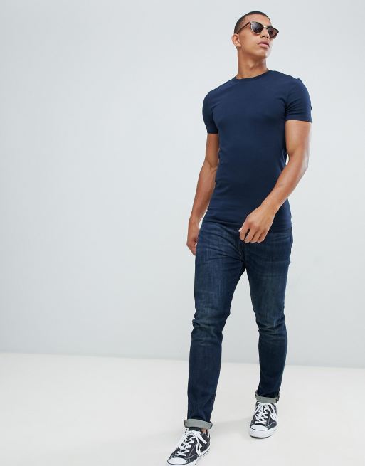 ASOS DESIGN organic muscle fit crew neck t-shirt in navy | ASOS