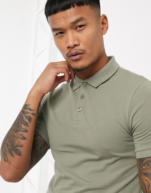ASOS DESIGN organic muscle fit jersey polo in khaki