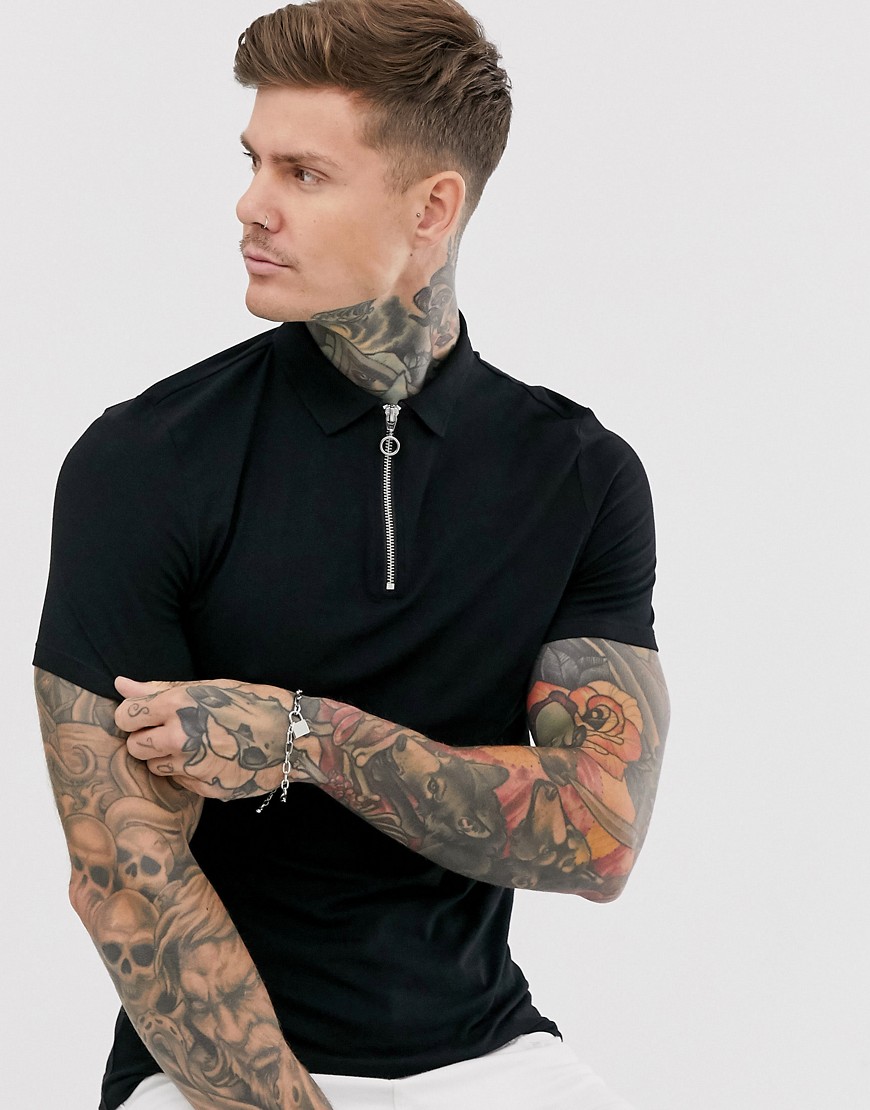 ASOS DESIGN organic muscle fit jersey polo with zip neck in black