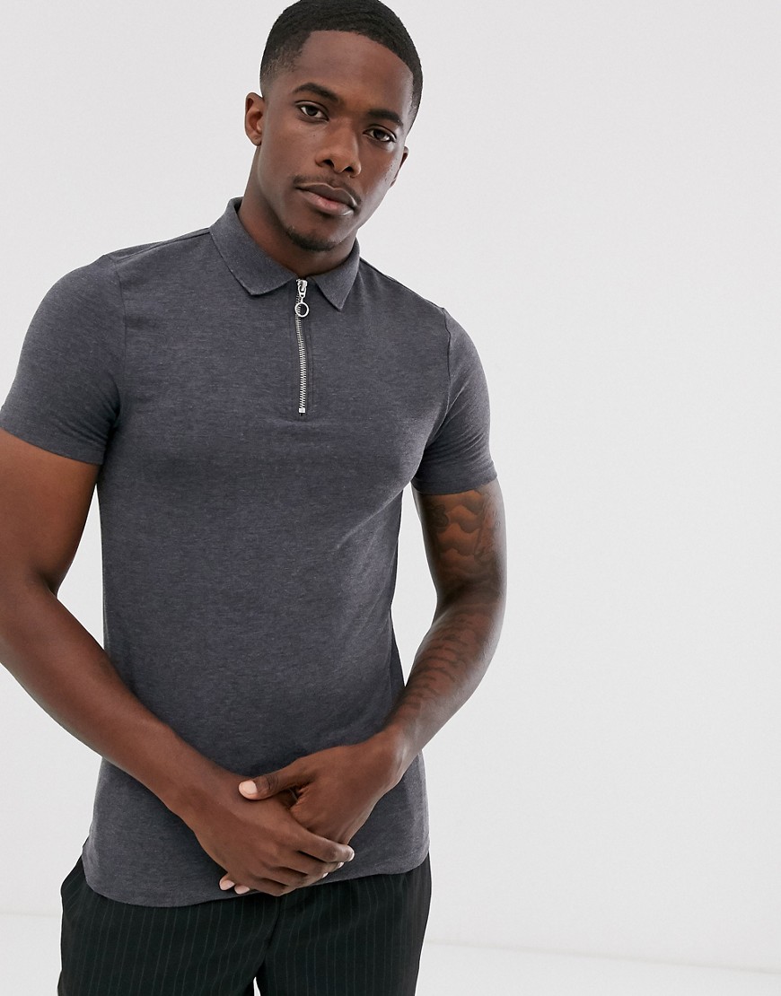 ASOS DESIGN organic muscle fit jersey polo with zip neck in grey