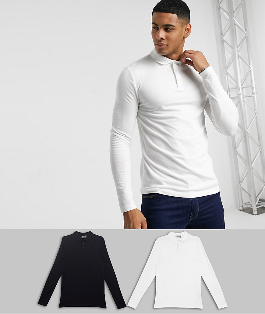 ASOS DESIGN organic muscle fit long sleeve jersey polo 2 pack-Multi