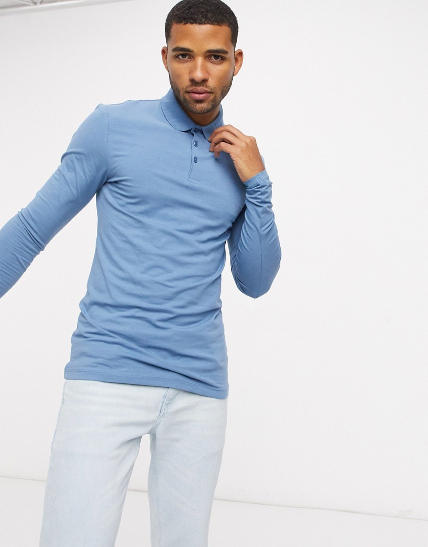 ASOS DESIGN organic muscle fit long sleeve jersey polo in blue