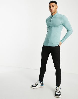 ASOS DESIGN muscle fit long sleeve jersey polo in blue  - MBLUE