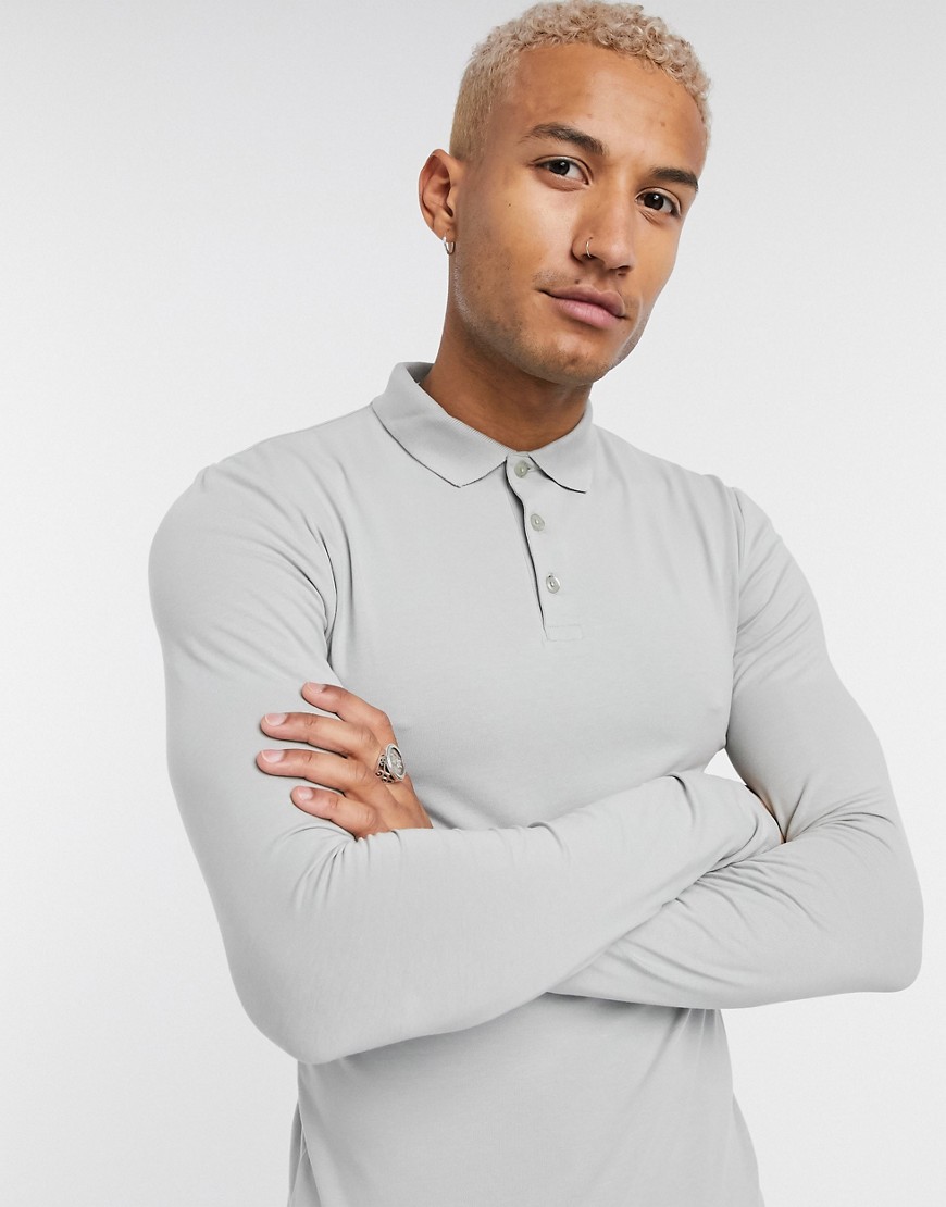 ASOS DESIGN organic muscle fit long sleeve jersey polo in gray