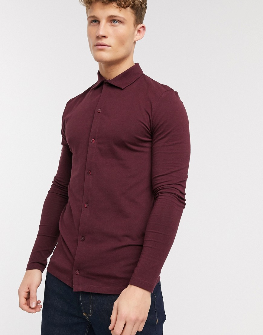 ASOS DESIGN organic muscle fit long sleeve jersey shirt in burgundy-Red