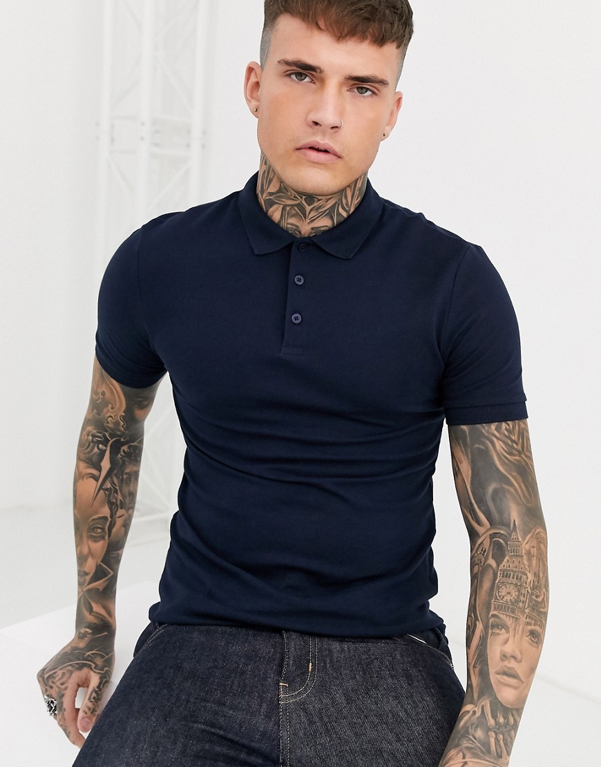 ASOS DESIGN organic muscle fit pique polo in navy