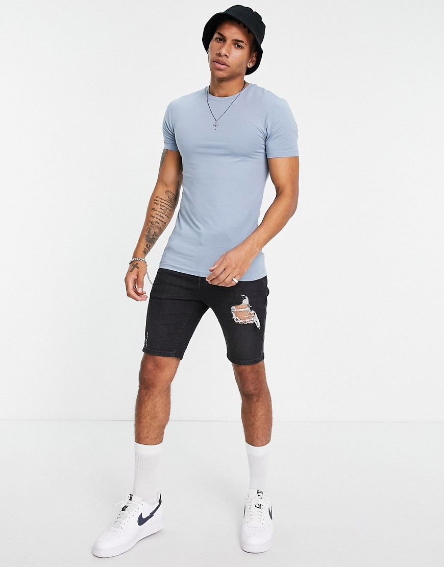 ASOS DESIGN organic muscle fit t-shirt with crew neck in washed blue-Blues