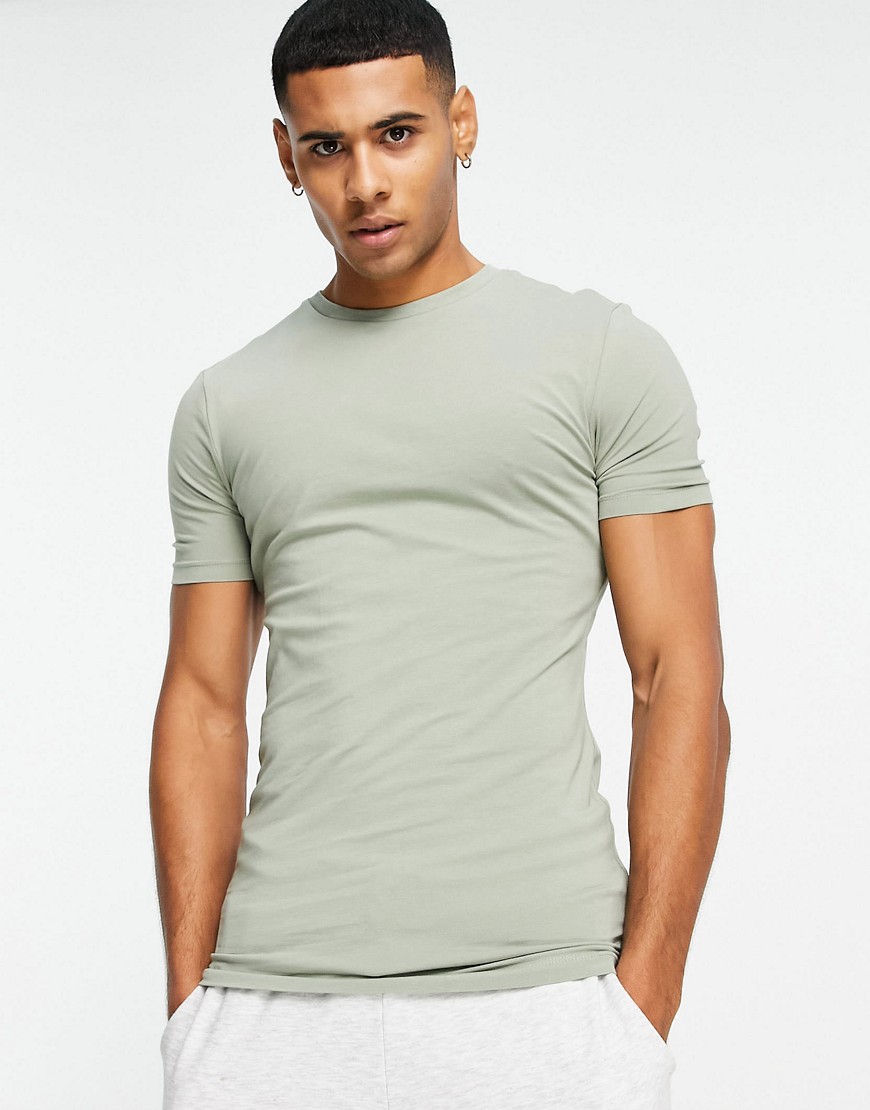 ASOS DESIGN organic muscle fit t-shirt with crew neck in washed khaki-Green