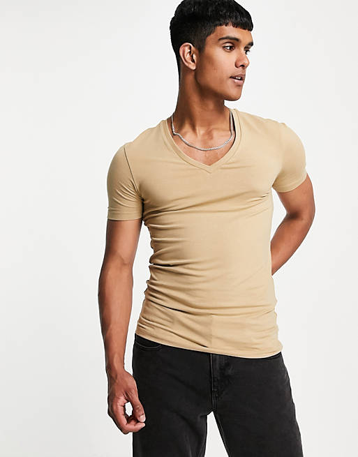ASOS DESIGN organic muscle fit t-shirt with deep v neck in beige