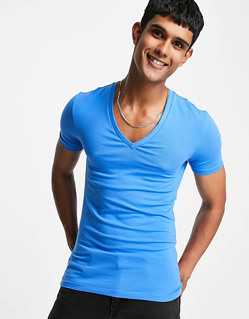 ASOS DESIGN organic muscle fit t-shirt with deep v neck in blue