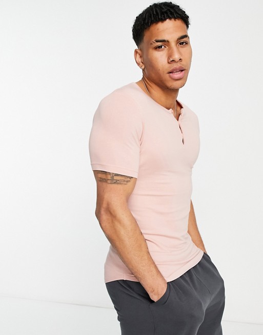 ASOS DESIGN organic muscle fit t-shirt with grandad collar in pink