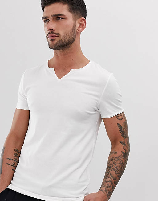 ASOS DESIGN organic muscle fit t-shirt with raw notch neck in white | ASOS