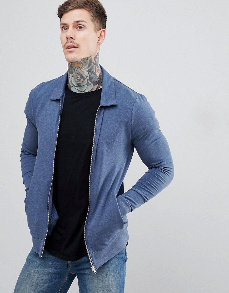 ASOS DESIGN organic muscle jersey harrington jacket in dark denim marl-Navy
