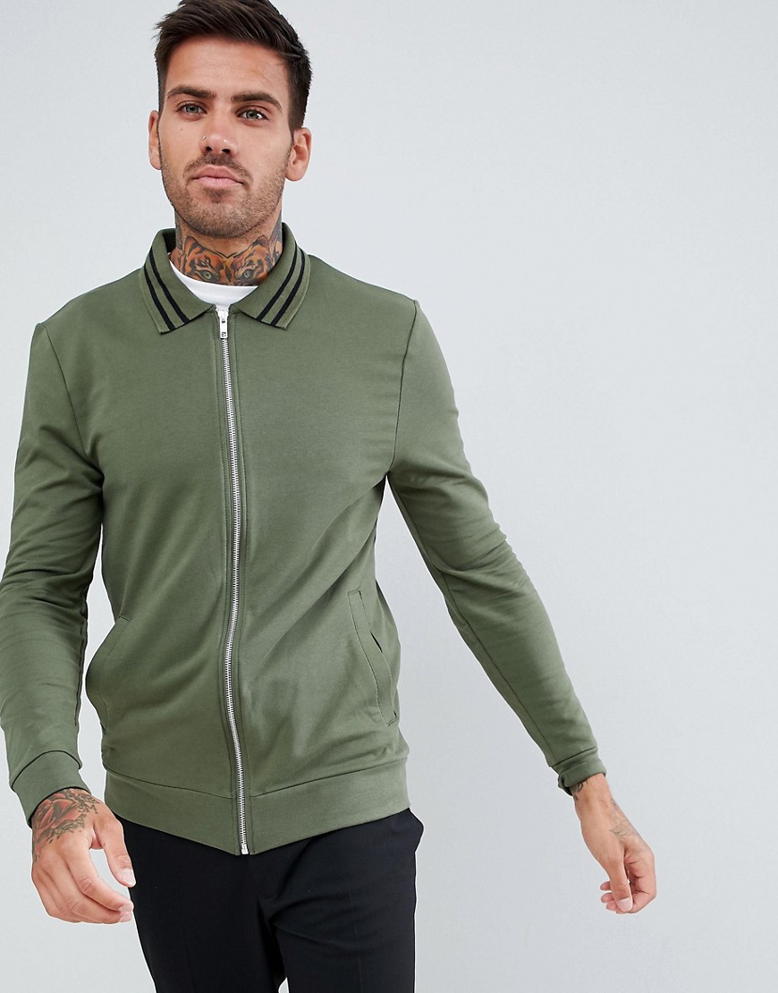 ASOS DESIGN organic muscle jersey harrington jacket in khaki with tipping-Green