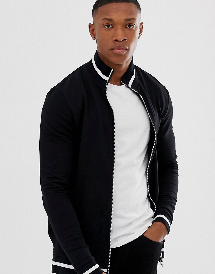 ASOS DESIGN organic muscle jersey track jacket in black with contrast tipping