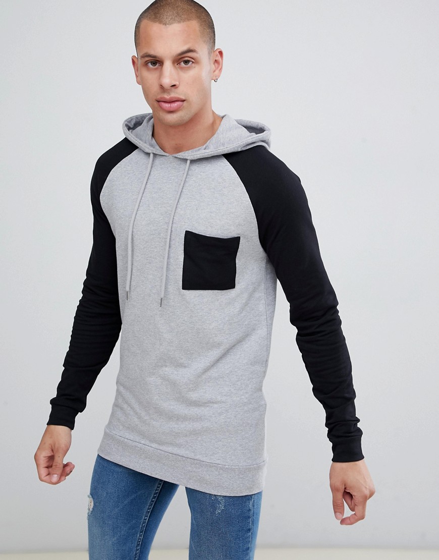 ASOS DESIGN organic muscle longline hoodie with contrast raglan sleeves and chest pocket-Grey