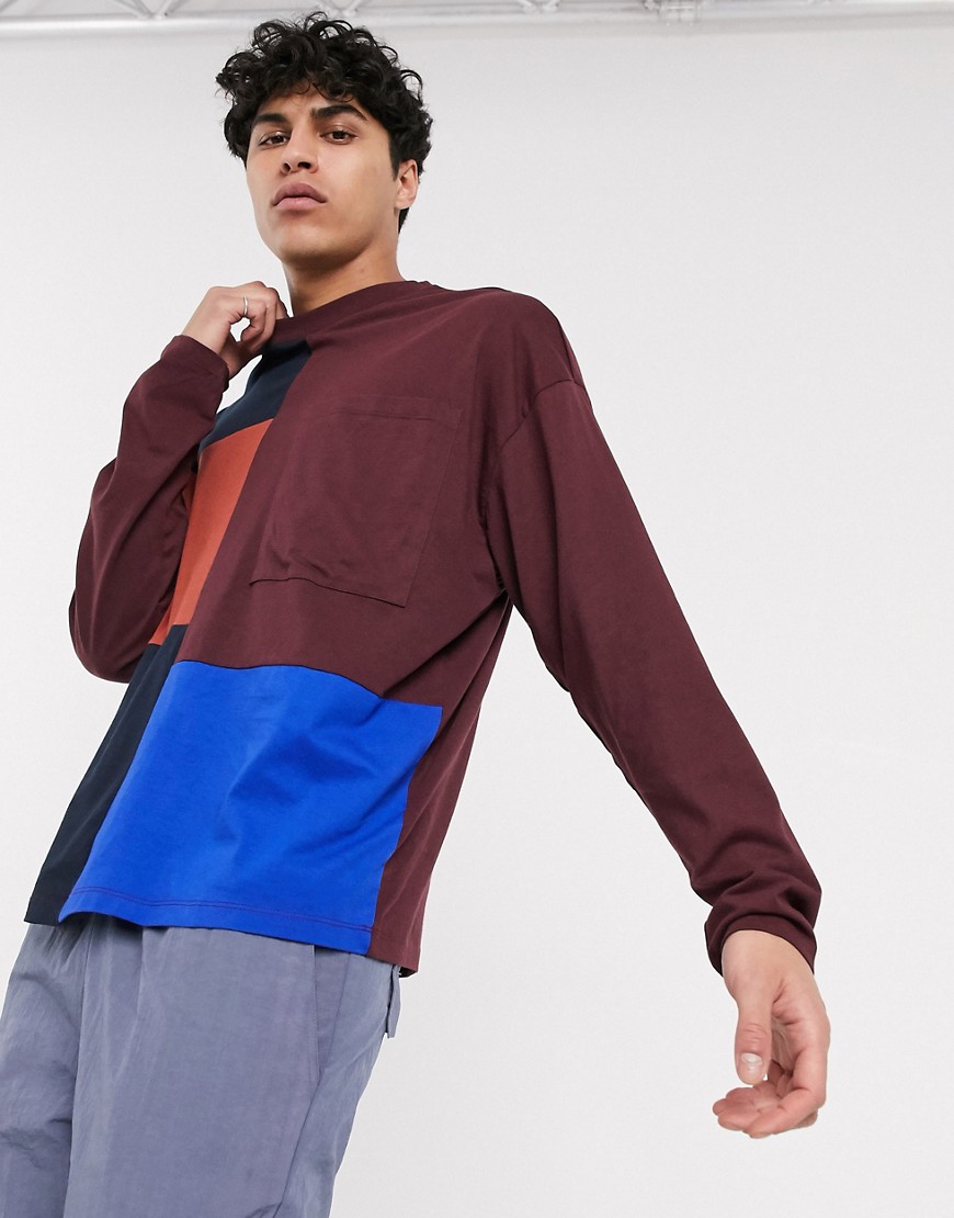 ASOS DESIGN organic oversized long sleeve t-shirt with pocket and patchwork colour block in burgundy-Red