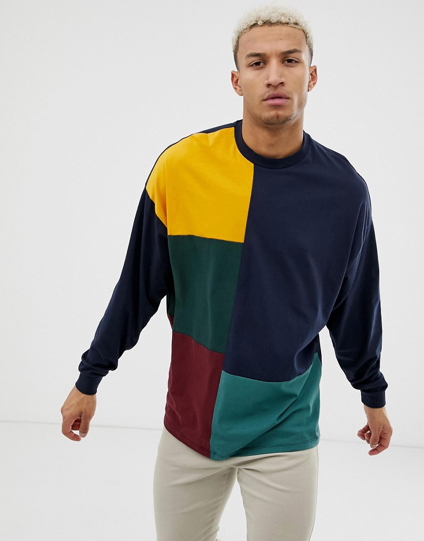 ASOS DESIGN organic oversized longline long sleeve t-shirt with grid colour block in navy
