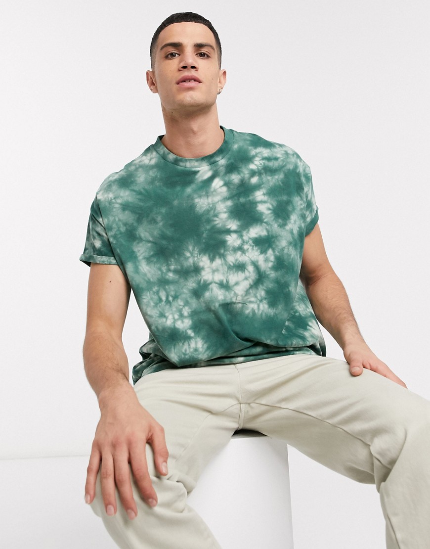 ASOS DESIGN organic oversized longline t-shirt with roll sleeve in green tie dye wash