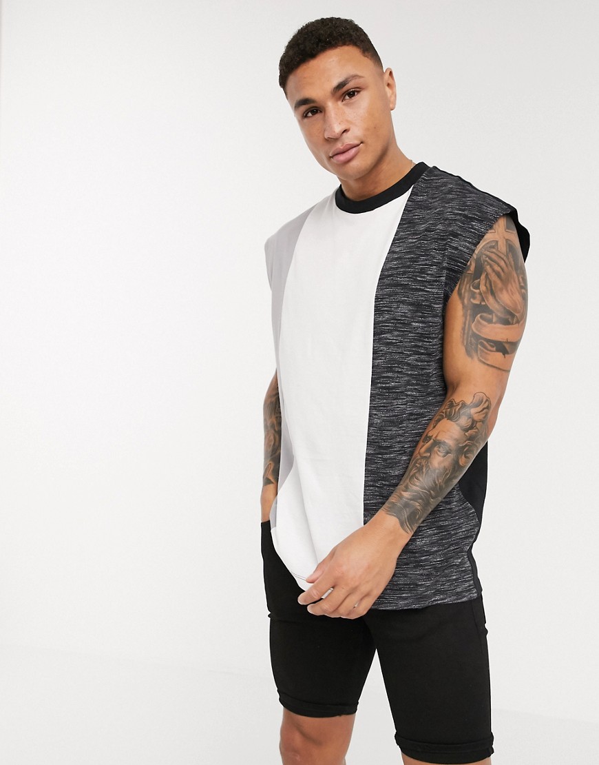 ASOS DESIGN organic oversized sleeveless t-shirt with interest fabric colour block-Navy
