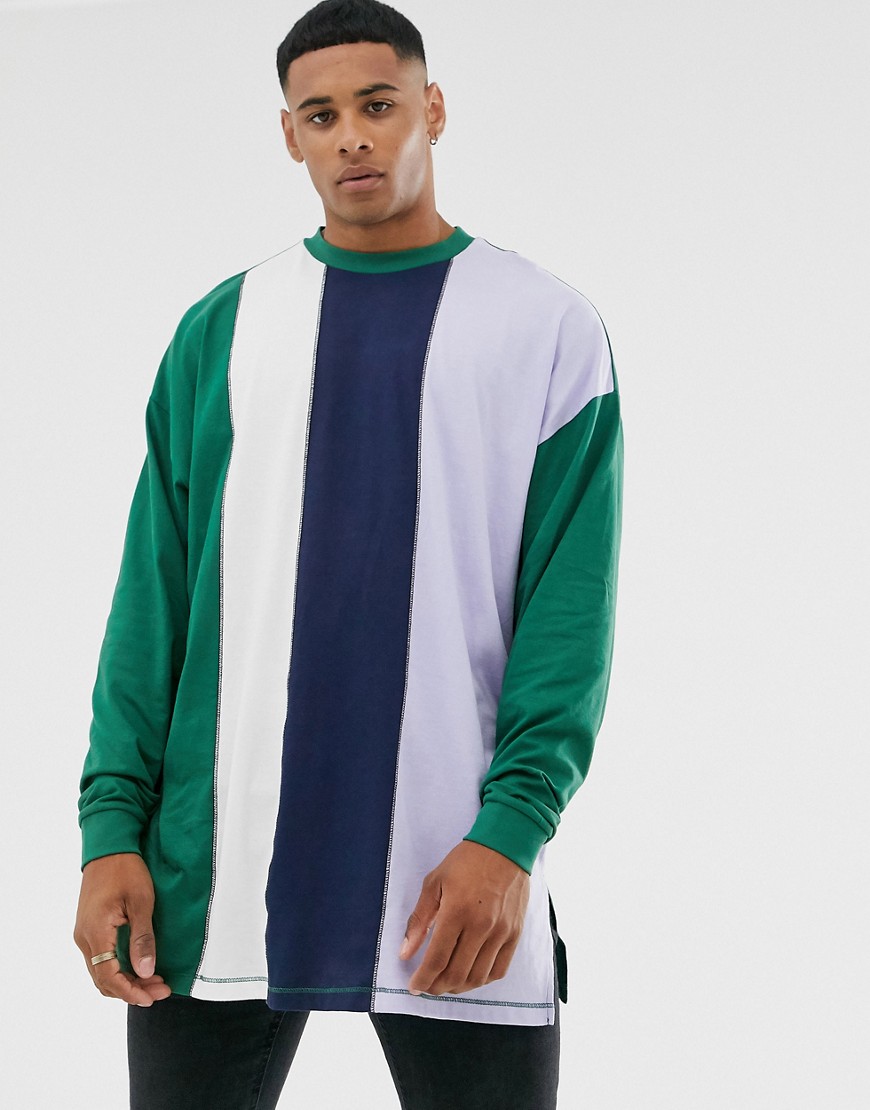 ASOS DESIGN organic oversized super longline long sleeve t-shirt with vertical colour block in green