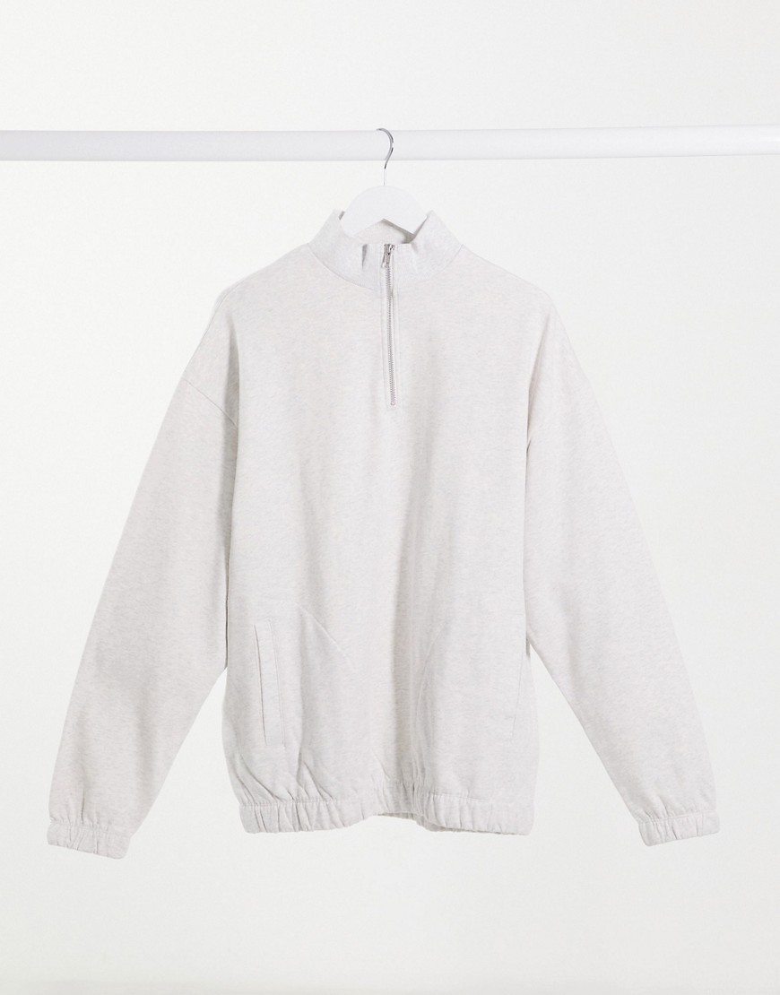 ASOS DESIGN organic oversized sweatshirt with half zip funnel neck in beige marl-White