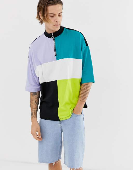 ASOS DESIGN organic oversized t-shirt with turtle zip neck and half sleeve with colour block and side vents