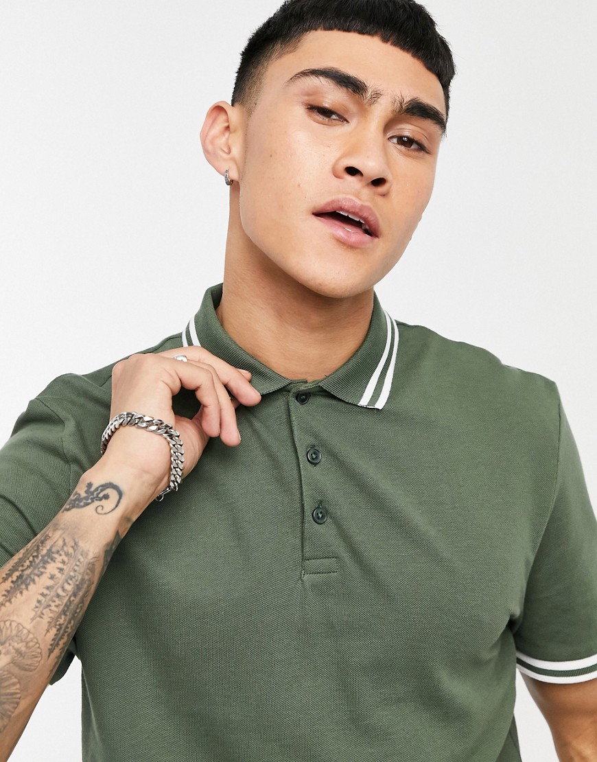 ASOS DESIGN organic pique polo shirt in khaki with tipping detail-Green