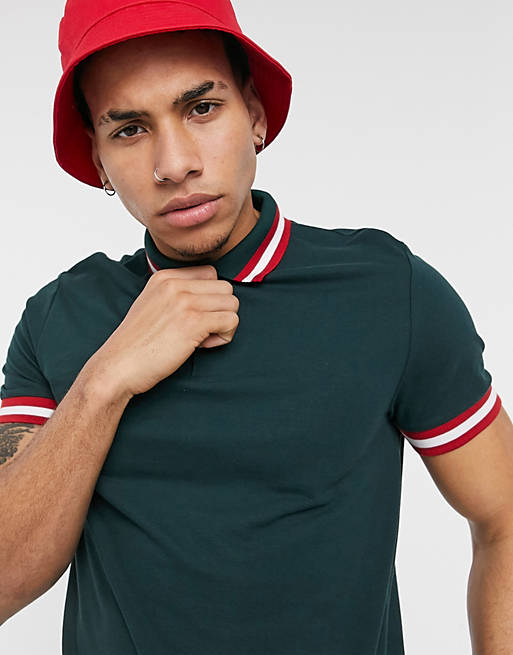 Polo shirts organic pique polo t-shirt with contrast tipping in green 