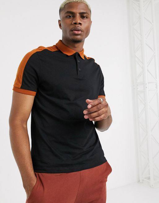 ASOS DESIGN organic polo shirt with contrast shoulder panel in black | ASOS