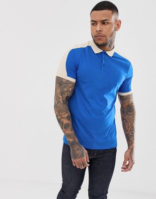 ASOS DESIGN organic polo shirt with contrast shoulder panel in blue | ASOS