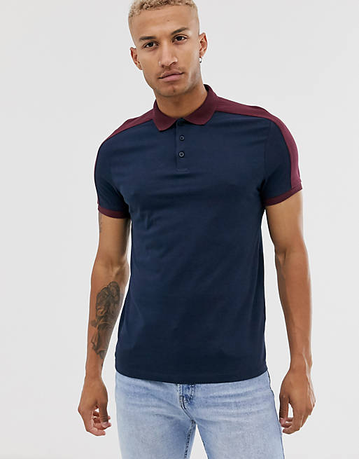 ASOS DESIGN organic polo shirt with contrast shoulder panel in navy | ASOS