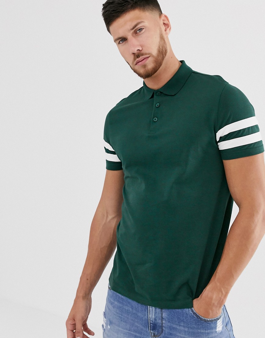ASOS DESIGN organic polo shirt with contrast sleeve stripe in green