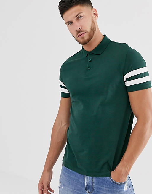 ASOS DESIGN organic polo shirt with contrast sleeve stripe in green | ASOS