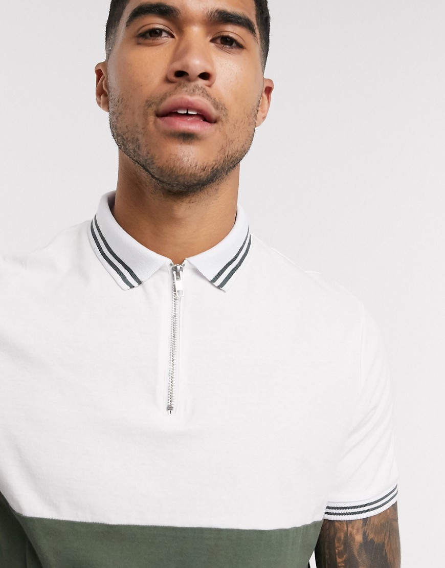 ASOS DESIGN organic polo shirt with tipping and zip neck in khaki-Green