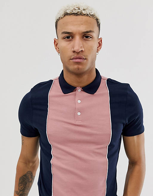 ASOS DESIGN organic polo shirt with vertical color blocking in navy | ASOS