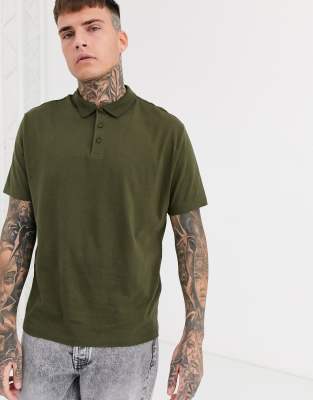 ASOS DESIGN organic relaxed jersey polo in khaki-Green