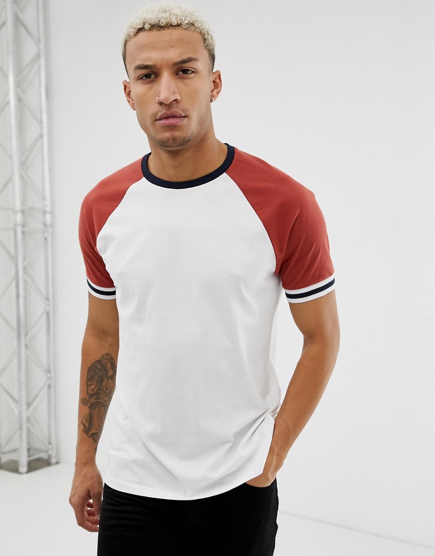 ASOS DESIGN organic relaxed raglan t-shirt with contrast tipping in white-Navy