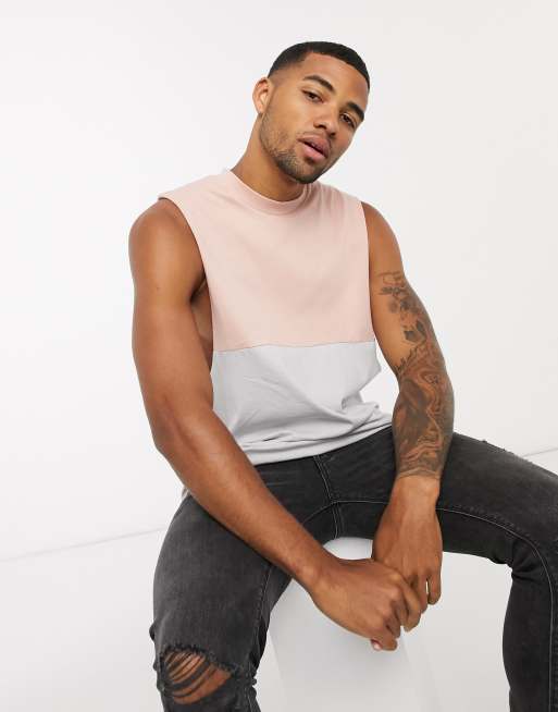 Asos Design Organic Relaxed Sleeveless T Shirt With Dropped Armhole And Contrast Yoke In Gray Asos 6118