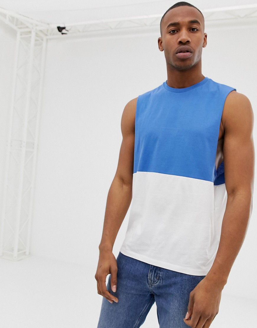ASOS DESIGN organic relaxed sleeveless t-shirt with dropped armhole and contrast yoke in white