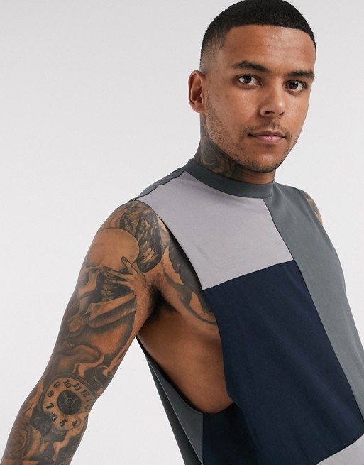 ASOS DESIGN organic relaxed sleeveless t-shirt with dropped armhole and patchwork colour block in grey