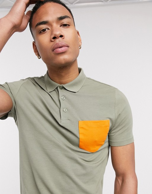 ASOS DESIGN organic skinny polo shirt with contrast pocket in khaki