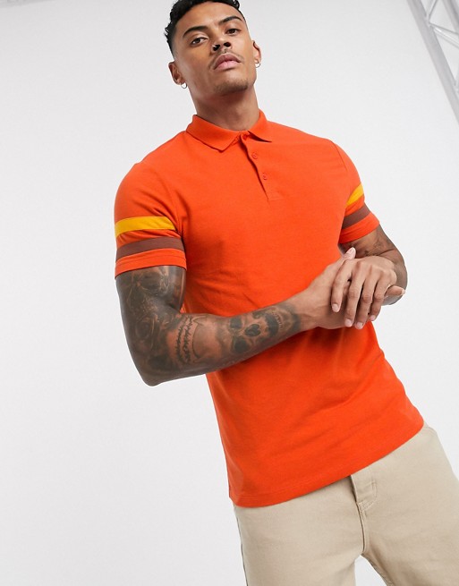 ASOS DESIGN organic skinny polo shirt with contrast sleeve stripes in red