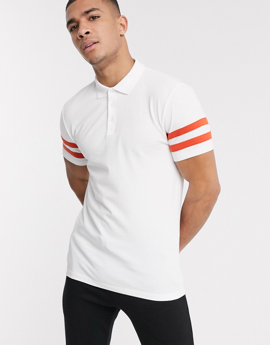ASOS DESIGN organic skinny polo shirt with contrast sleeve stripes in white