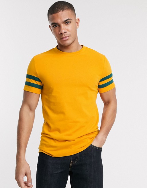 ASOS DESIGN organic skinny t-shirt with contrast sleeve stripes in yellow