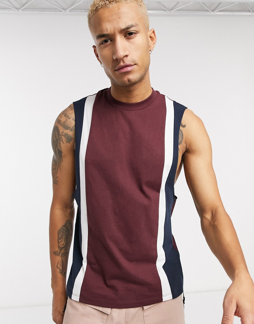 ASOS DESIGN organic sleeveless t-shirt with dropped armhole and vertical color block in burgundy-Red