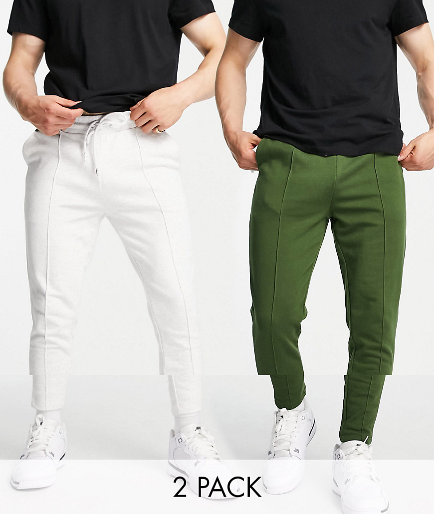 ASOS DESIGN organic smart skinny joggers with pin tuck front 2 pack in green/white marl-Multi